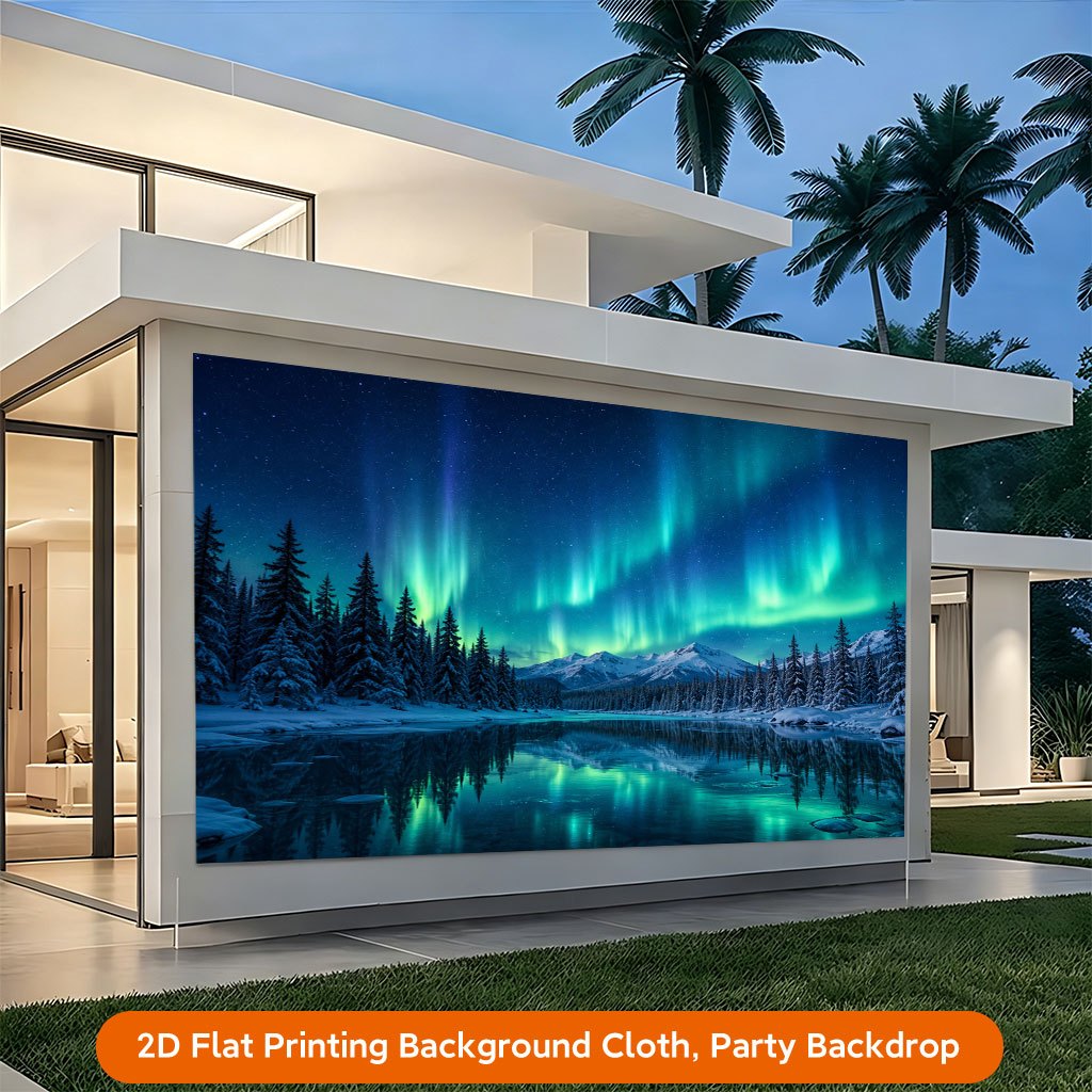 2D Flat Stunning Aurora Over Snowy Landscape Background Cloth Banner